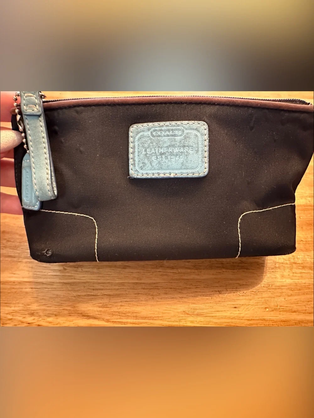 Y2K Black Nylon Hampton Coach Cosmetic Pouch with Brown and Light Blue Trim